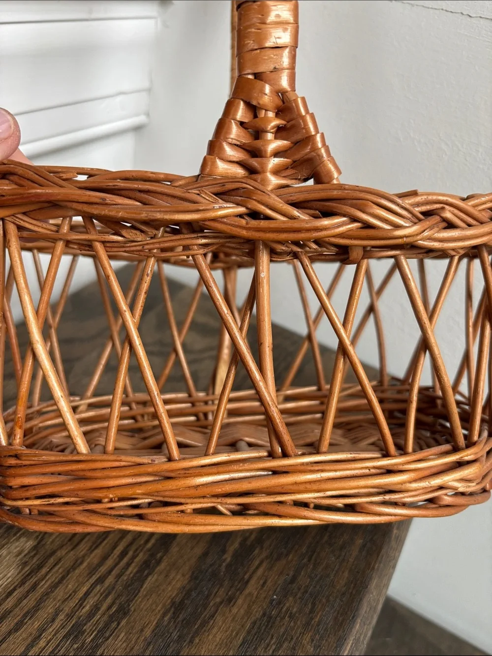 Wine carrier rattan basket, divided interior, handle, open weave, 15” tall